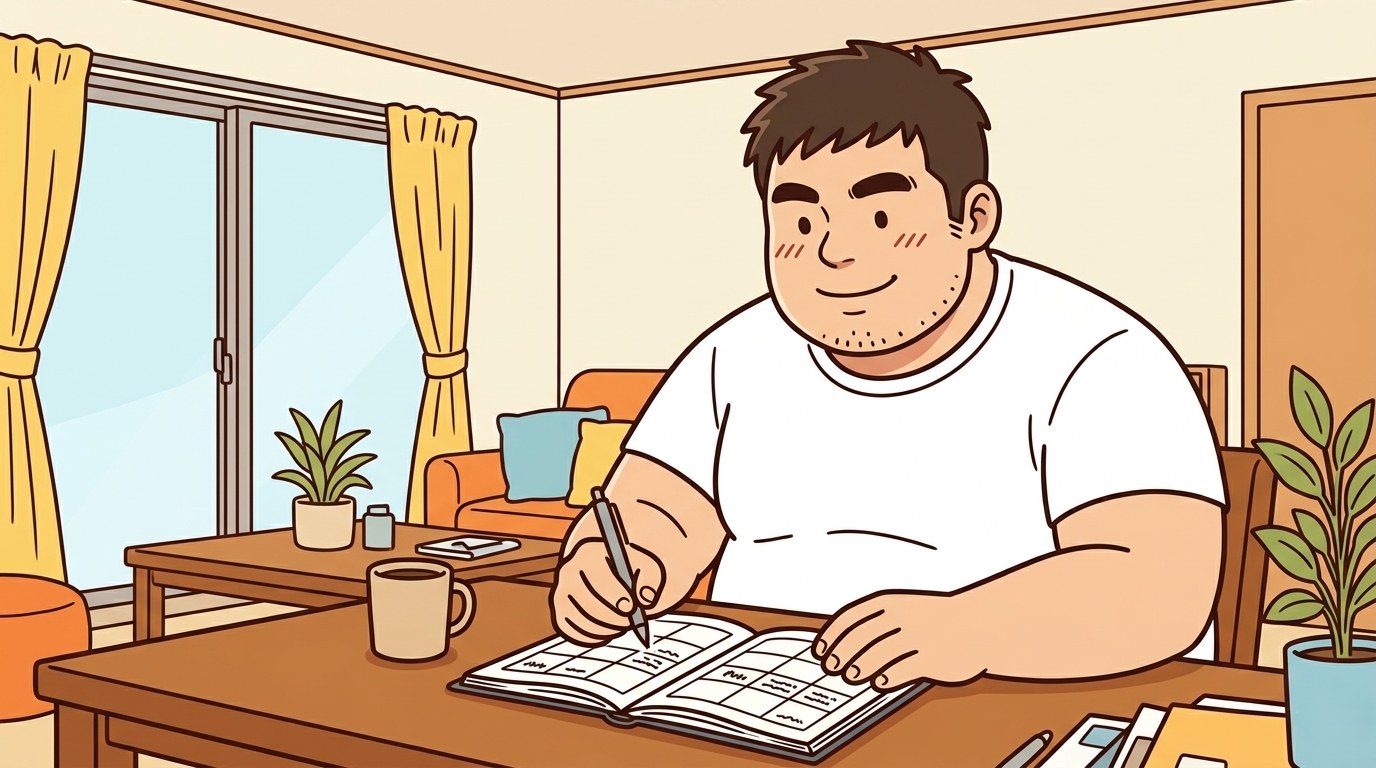 手帳に通院予定を書き込み前向きな100kgパパのイラスト