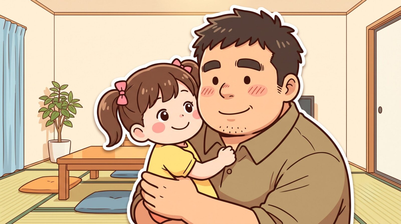 娘を抱っこして頬を寄せ嫌がられず笑顔の100kgパパのイラスト