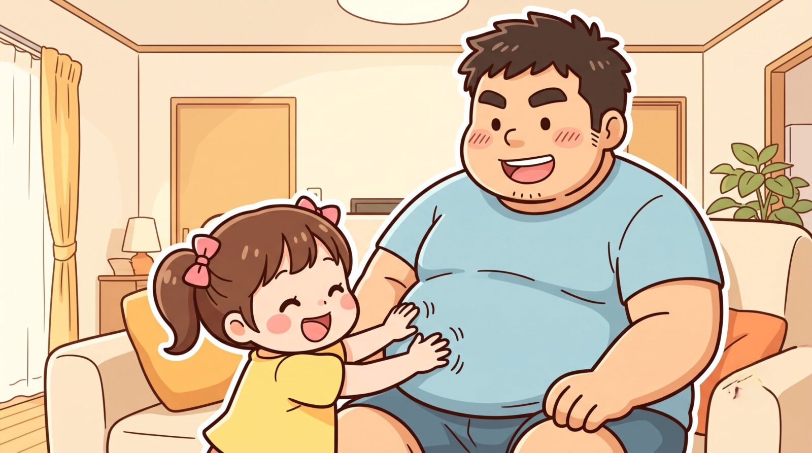 お腹を太鼓代わりに叩いて遊ぶ娘と笑う100kgパパのイラスト