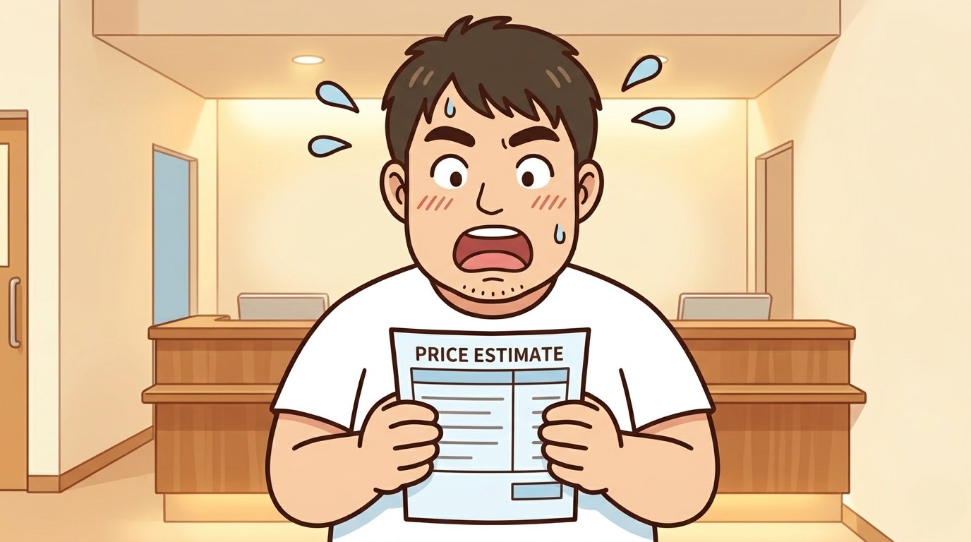 クリニック受付で料金見積もりを見て驚く100kgパパのイラスト