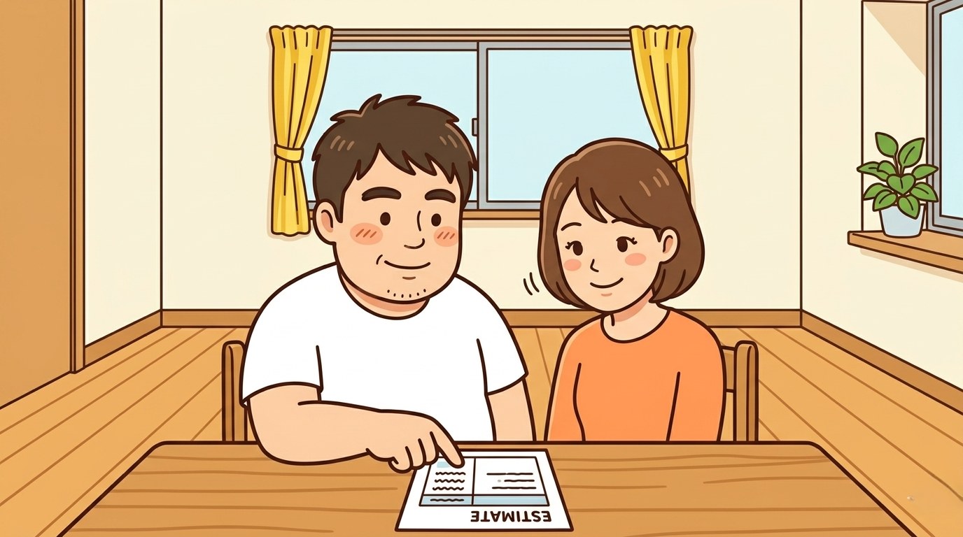 見積もりを見ながら妻と相談して納得する100kgパパのイラスト
