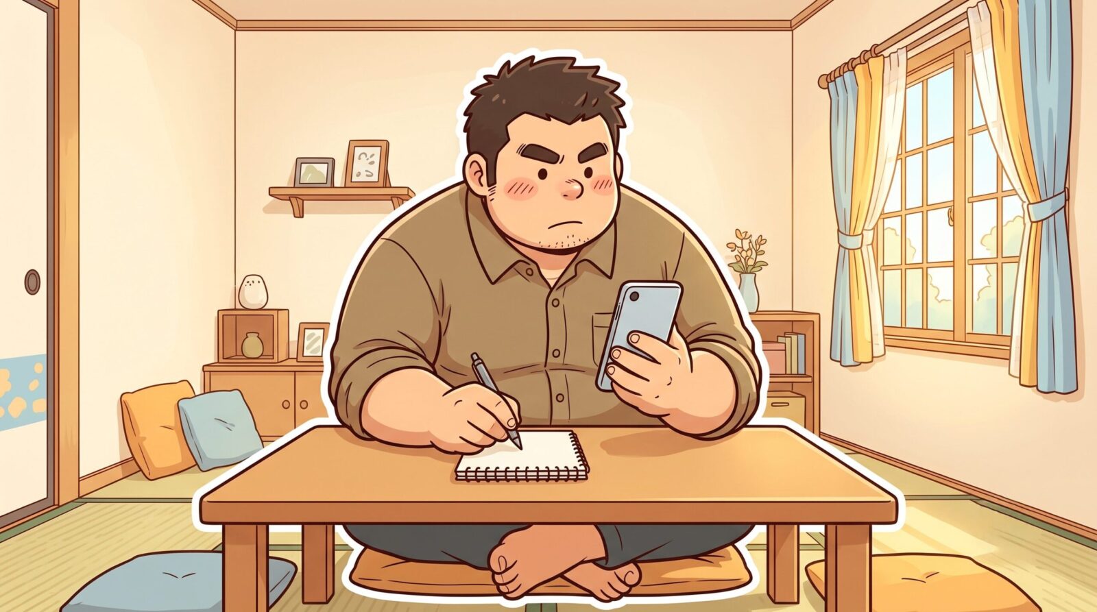 スマホで医療脱毛の料金を調べてメモする100kgパパのイラスト