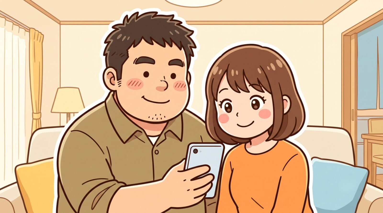 夫婦で並んでスマホを見ながら脱毛について話す100kgパパとママのイラスト