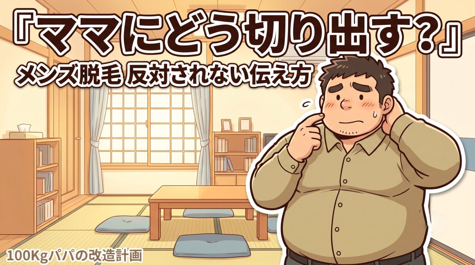 ママに脱毛をどう切り出すか緊張しながら考える100kgパパのイラスト