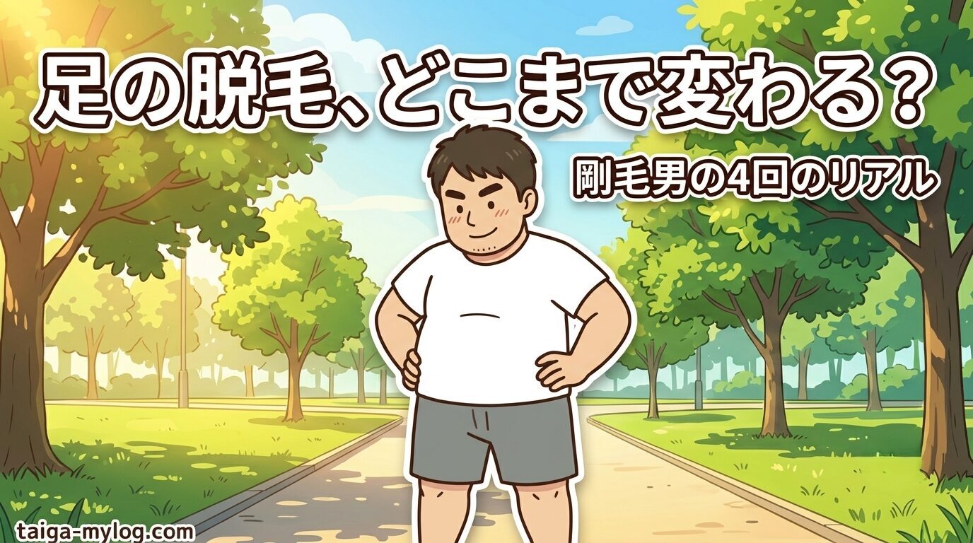足の医療脱毛でどこまで変わる?のアイキャッチ。公園で短パン姿になり、すっきりした脚を見せる100kgパパのイラスト