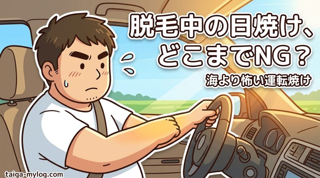 脱毛中の日焼けはどこまでNG？のアイキャッチ。夏の運転席で腕への日差しを気にする100kgパパのイラスト