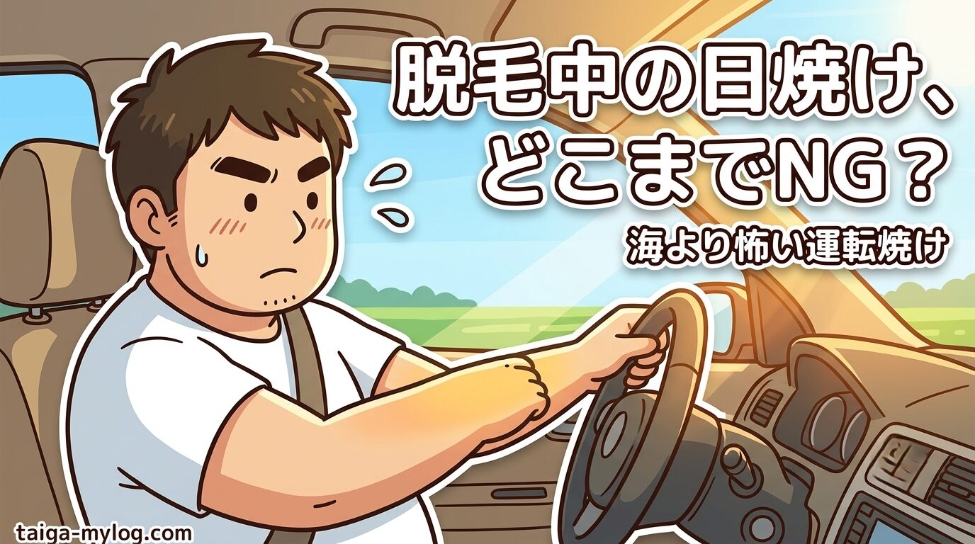 脱毛中の日焼けはどこまでNG？のアイキャッチ。夏の運転席で腕への日差しを気にする100kgパパのイラスト