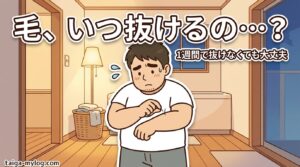脱毛後の毛はいつ抜ける？のアイキャッチ。腕の毛をつまんで首をかしげる100kgパパのイラスト