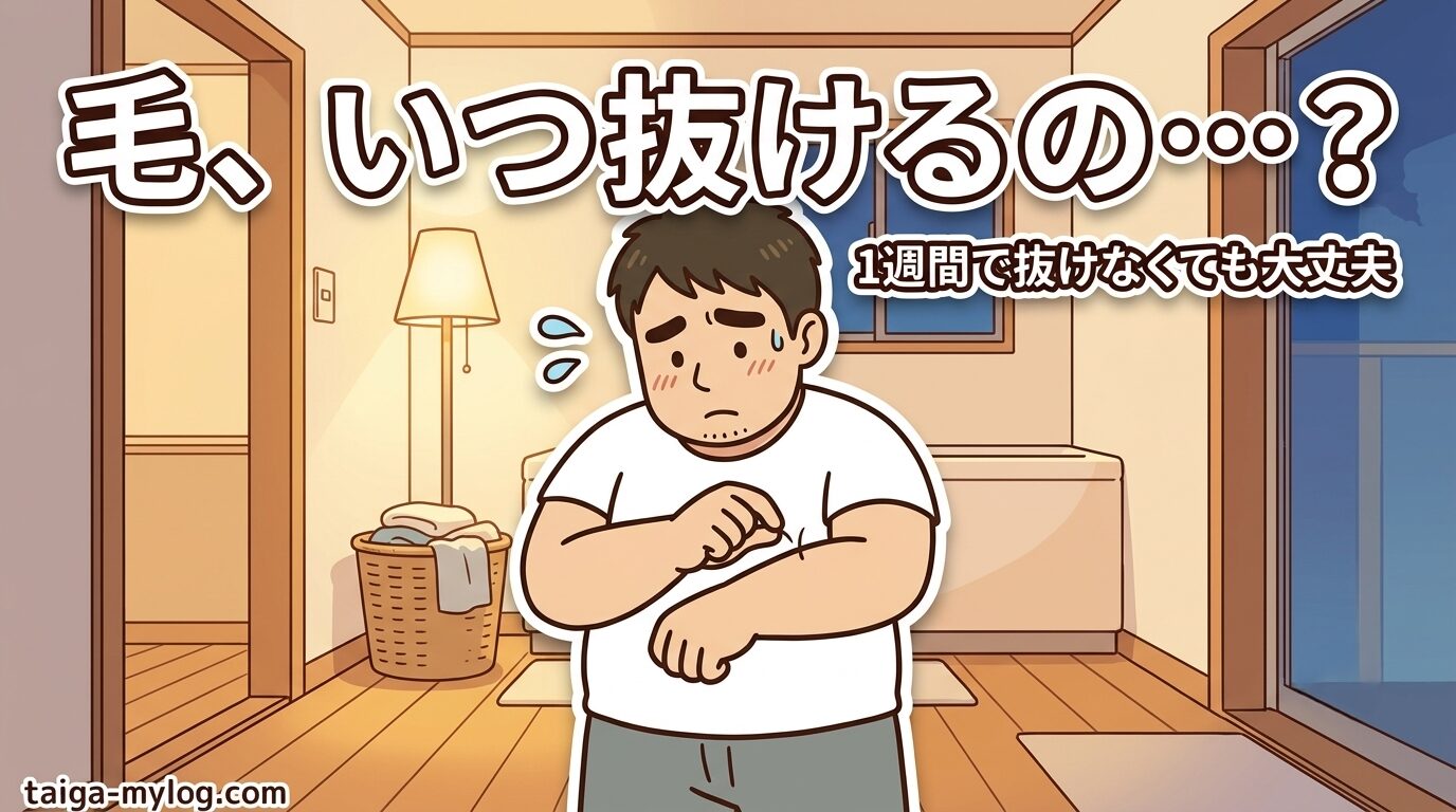 脱毛後の毛はいつ抜ける?のアイキャッチ。腕の毛をつまんで首をかしげる100kgパパのイラスト