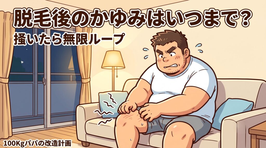 脱毛後のかゆみはいつまで？夜のリビングで太ももを掻いてしまう100kgパパのイラスト