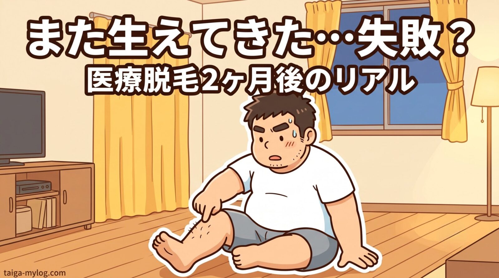 医療脱毛2ヶ月後にまた生えてきた…失敗?のアイキャッチ。すねに生えてきた毛を見て驚く100kgパパのイラスト