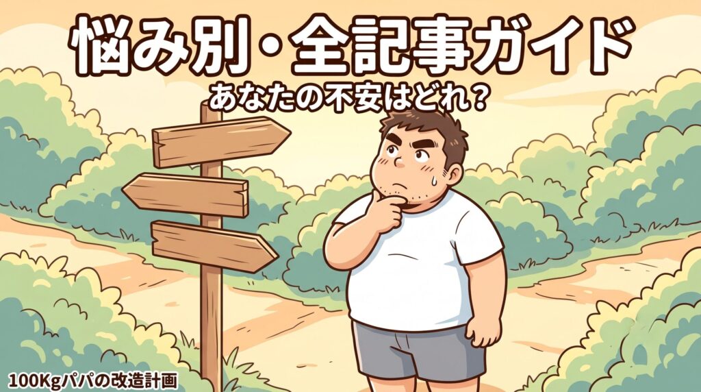 メンズ医療脱毛の悩み別・全記事ガイド｜道しるべの前で自分の不安を考える100kgパパのイラスト