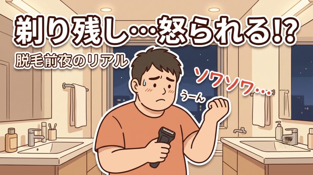 夜の洗面所で電動シェーバーを手に剃り残しを不安がる大柄パパのイラスト