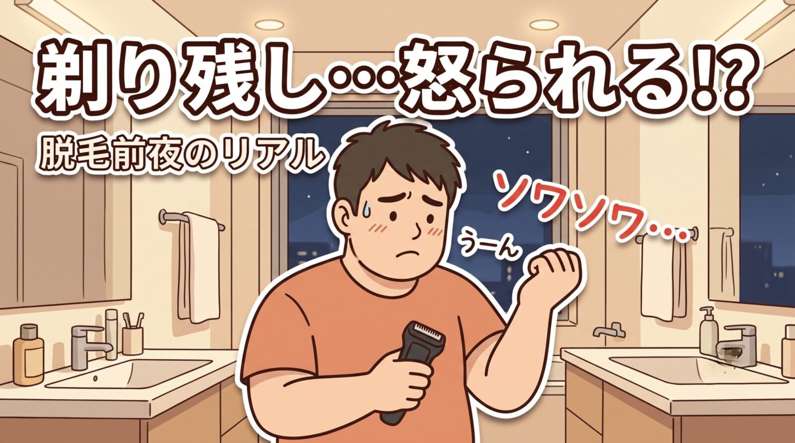 夜の洗面所で電動シェーバーを手に剃り残しを不安がる大柄パパのイラスト