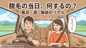 車で脱毛クリニックへ向かうパパと助手席で会話するママのイラスト