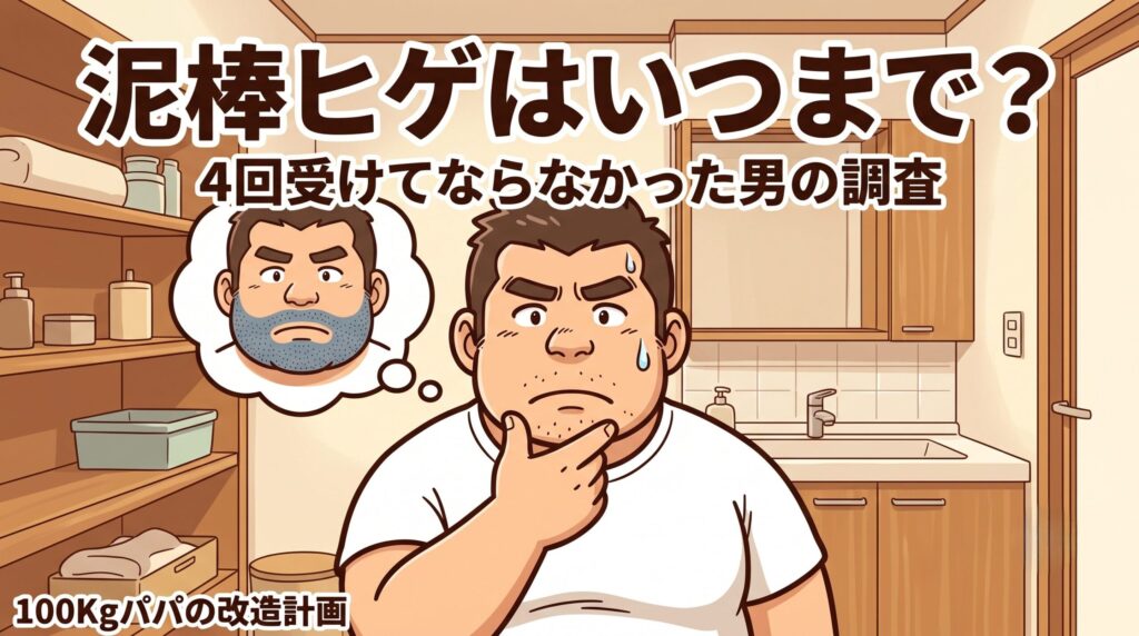 泥棒ヒゲはいつまで？あごが青黒く見える泥棒ヒゲを想像して心配する100kgパパのイラスト