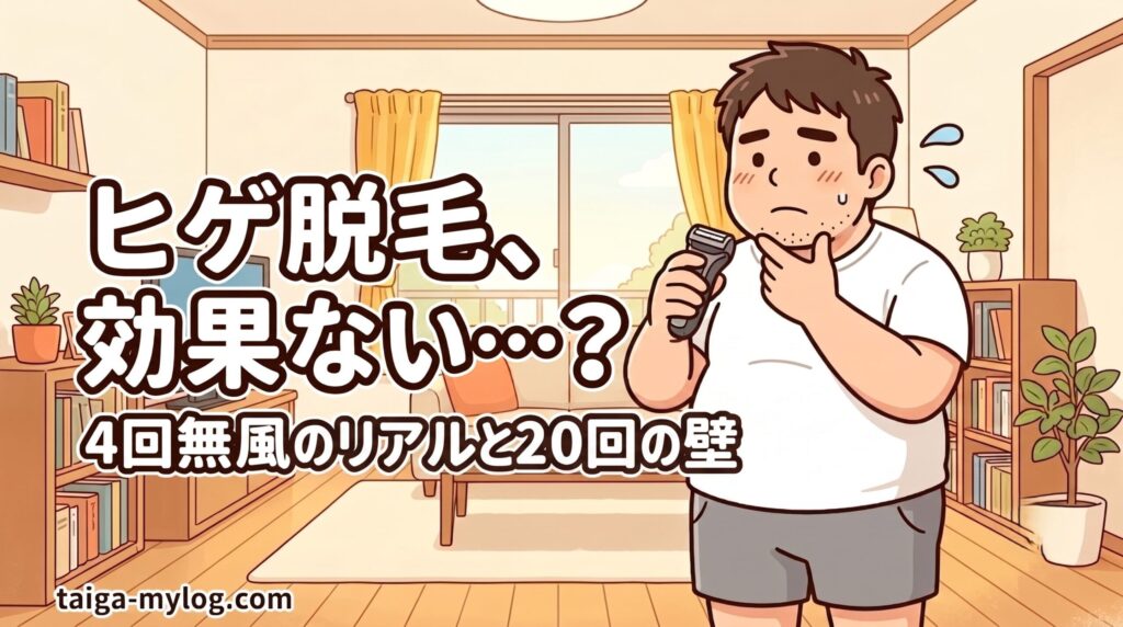ヒゲ脱毛は効果ない？のアイキャッチ。シェーバーを手にアゴを触って悩む100kgパパのイラスト