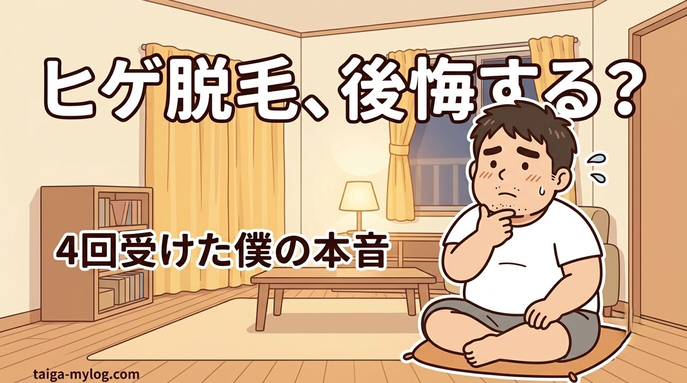 ヒゲ脱毛で後悔する？のアイキャッチ。あごに手を当てて考え込む100kgパパのイラスト