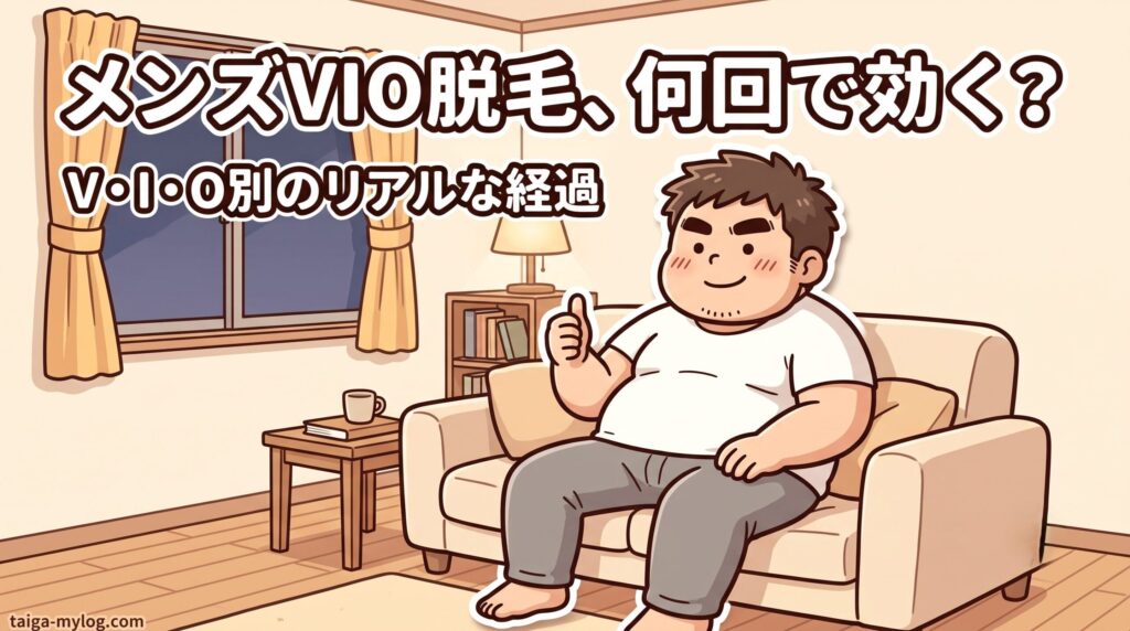 メンズVIO脱毛は何回で効く？のアイキャッチ。ソファでくつろぎながら親指を立てる100kgパパのイラスト