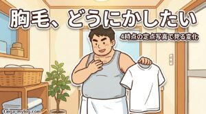 胸毛が嫌いな男の医療脱毛レポのアイキャッチ。脱衣所で胸元を確認する100kgパパのイラスト