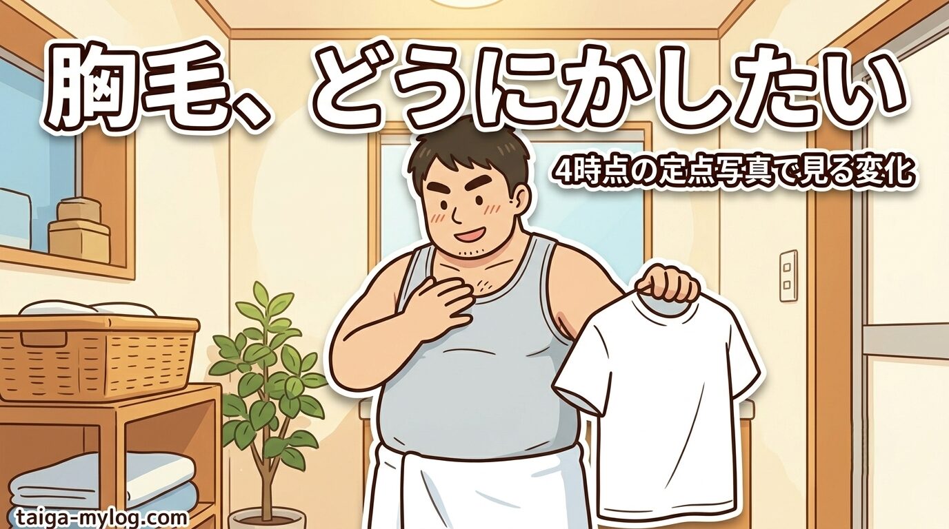 胸毛が嫌いな男の医療脱毛レポのアイキャッチ。脱衣所で胸元を確認する100kgパパのイラスト
