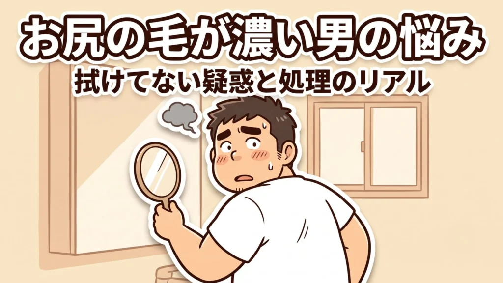 お尻の毛が濃い男の悩み｜手鏡で背後を確認して困り顔の100kgパパのイラスト