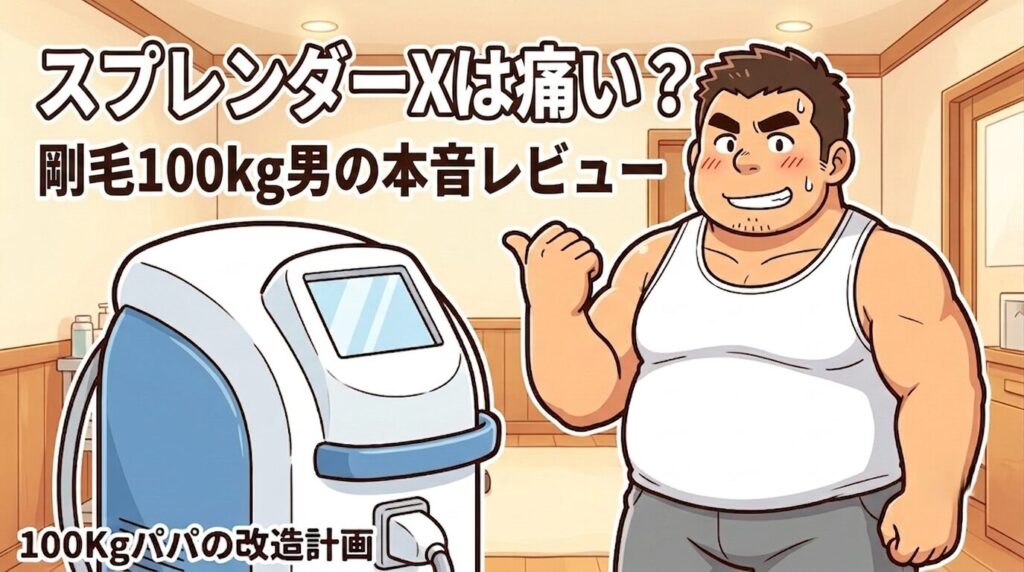 スプレンダーXは痛い？剛毛100kg男の本音レビュー｜脱毛機の隣で親指を立てる100kgパパのイラスト