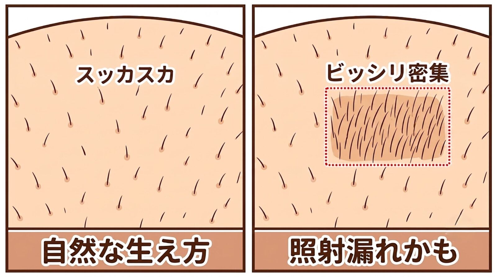 照射漏れの見分け方の図解。左は自然な生え方でまばらにスッカスカ、右は長方形の一区画だけ毛がビッシリ密集して赤い点線で囲まれている