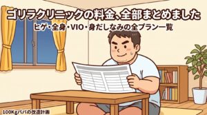 自宅で料金表を広げて確認する100kgパパのイラスト｜ゴリラクリニックのヒゲ・全身・VIO・身だしなみの全プラン料金まとめ